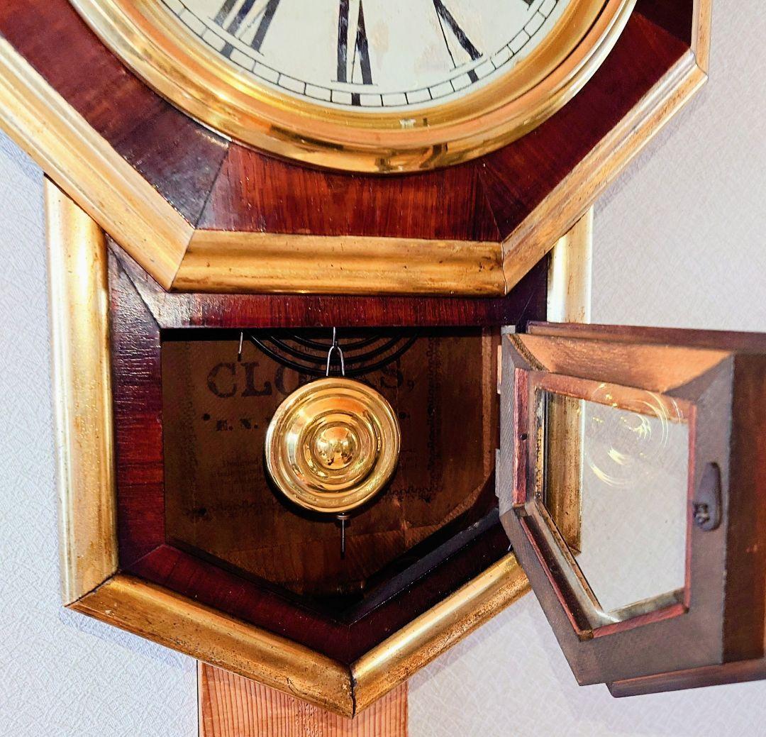 〈OH済完動・極上品〉米国Ｅ．N.WELCH　 金縁八角合長ゼンマイ振り子時計