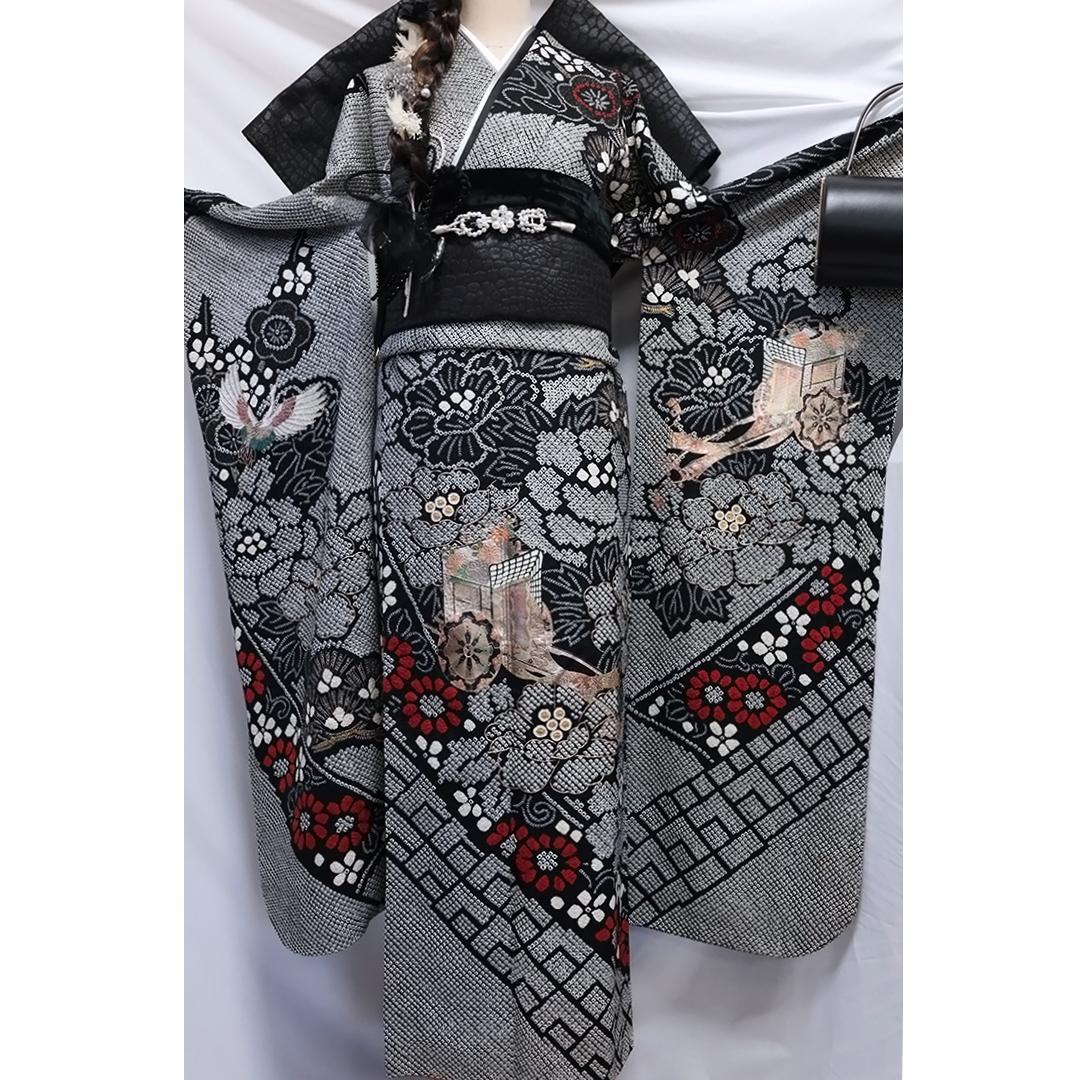 総絞り◆ 振袖6点セット ◆丈165cm成人式正絹黒ブラックフルセットMb34