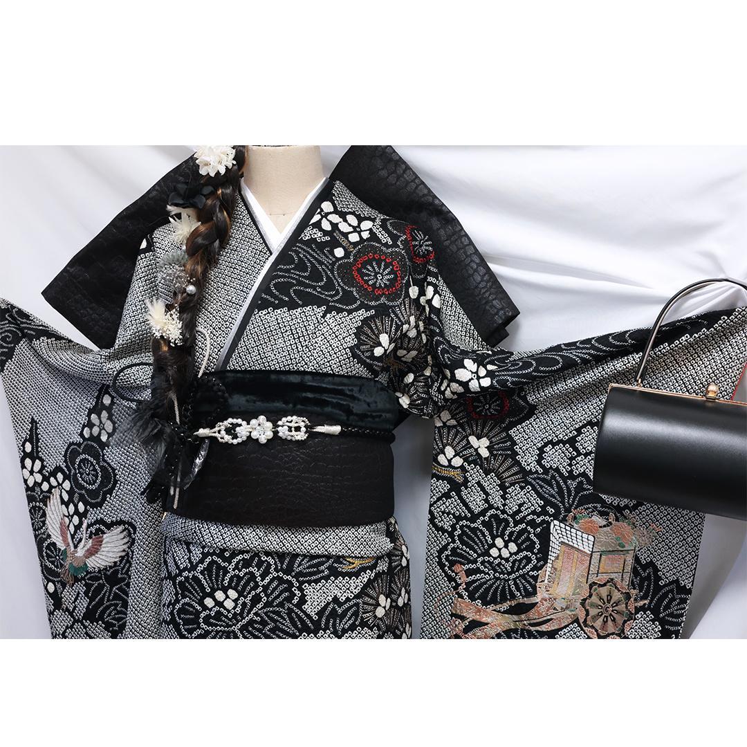 総絞り◆ 振袖6点セット ◆丈165cm成人式正絹黒ブラックフルセットMb34