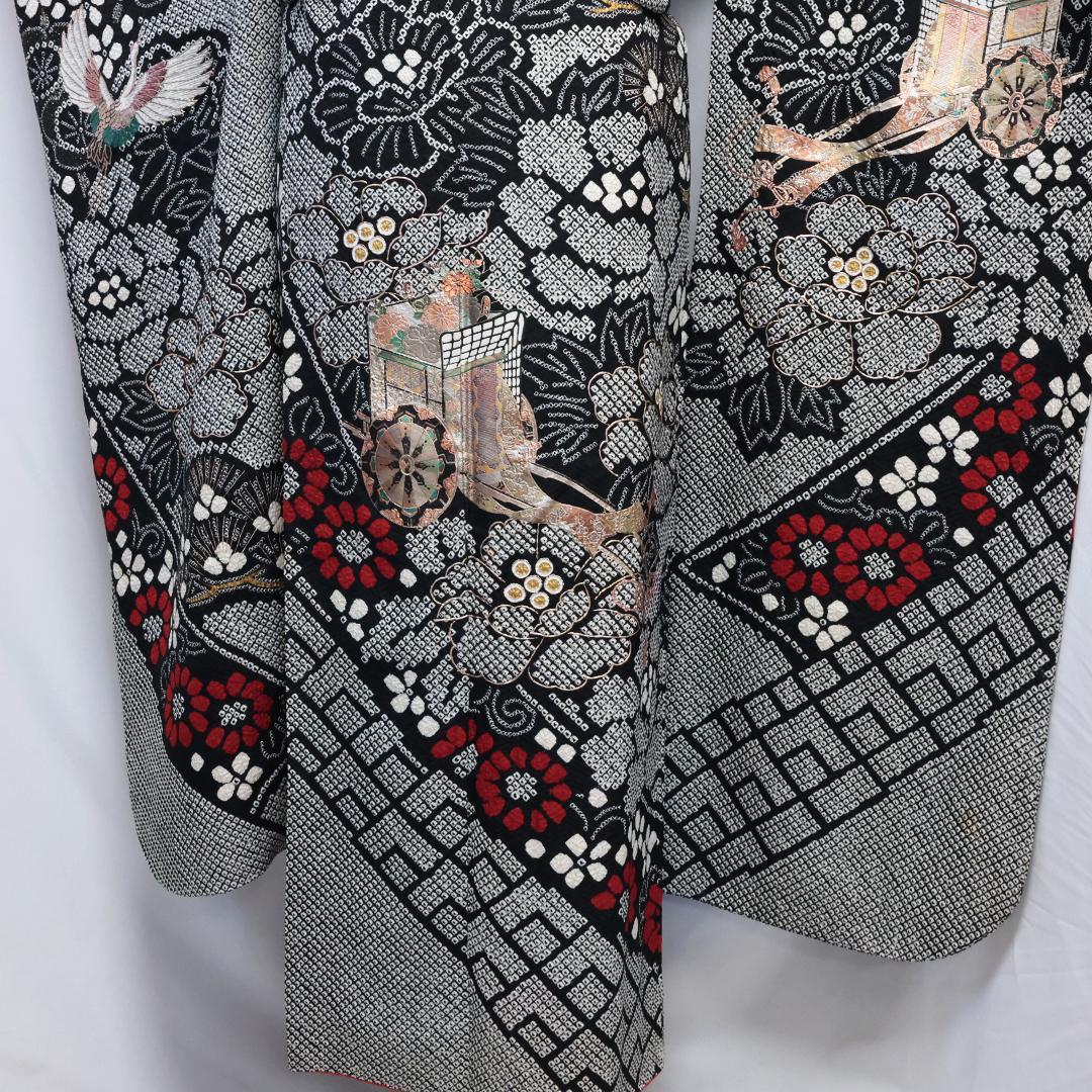 総絞り◆ 振袖6点セット ◆丈165cm成人式正絹黒ブラックフルセットMb34