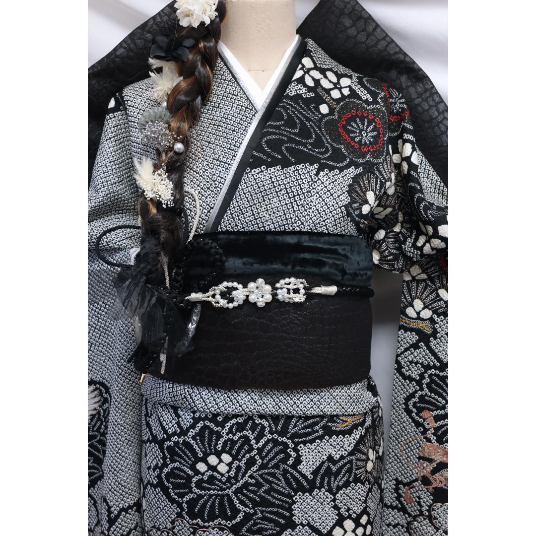 総絞り◆ 振袖6点セット ◆丈165cm成人式正絹黒ブラックフルセットMb34