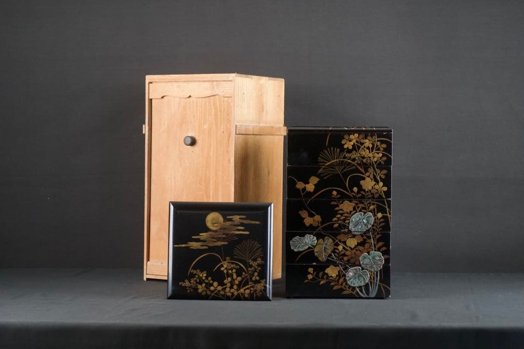 螺鈿細工 蒔絵 木製 五段 重箱 共箱 二枚蓋 時代品 青貝 検) 漆器 輪島塗