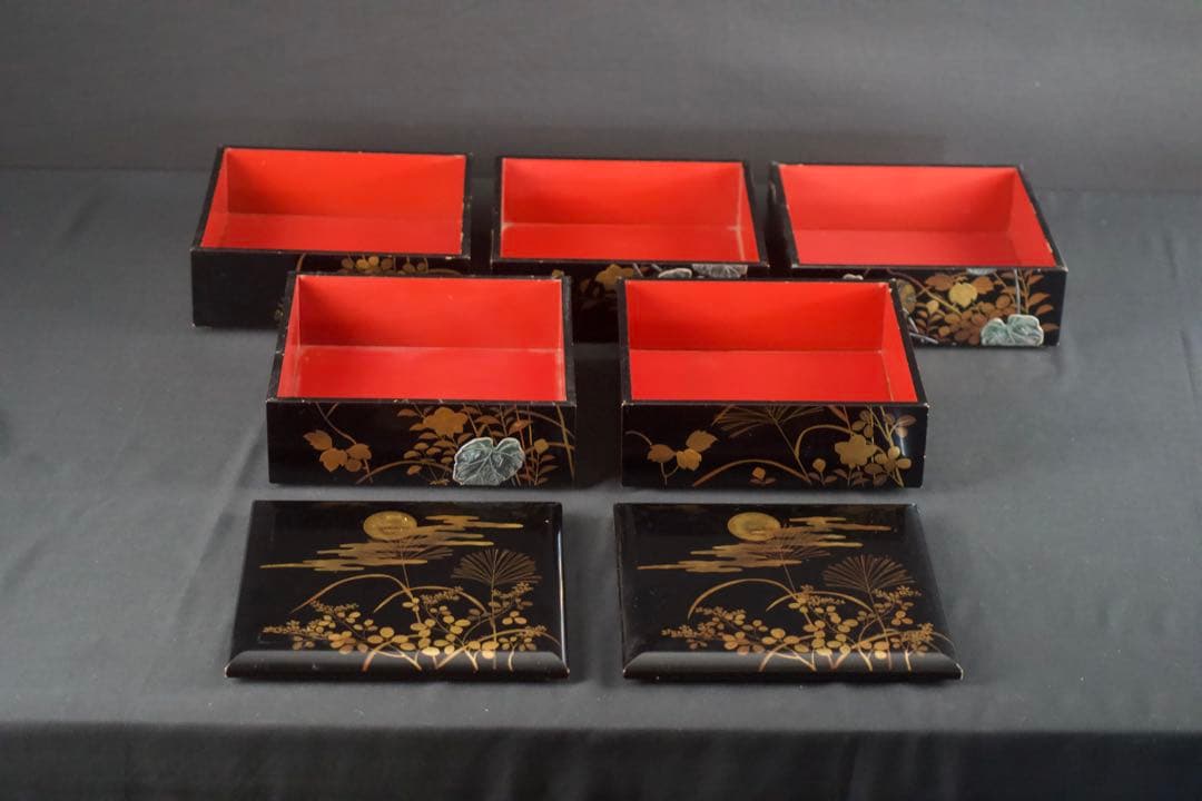 螺鈿細工 蒔絵 木製 五段 重箱 共箱 二枚蓋 時代品 青貝 検) 漆器 輪島塗