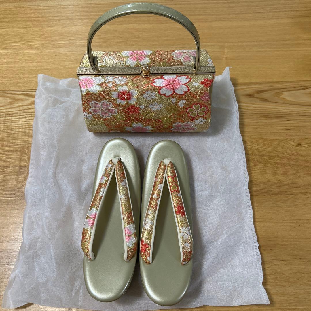 【タイムセール】花柄 和装用バッグ、草履セット 新品