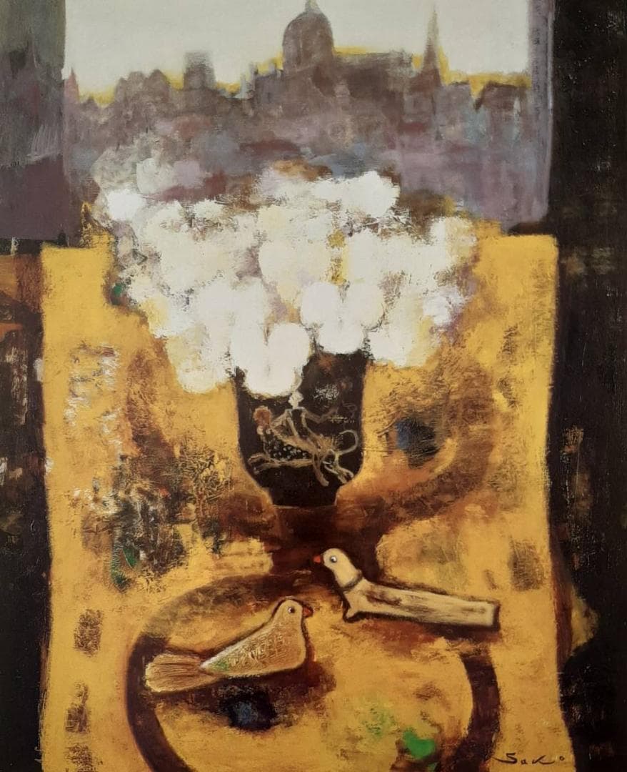 佐光亜紀子、「窓辺の花と鳥」、希少画集の額装画、四季、風景、人気作品