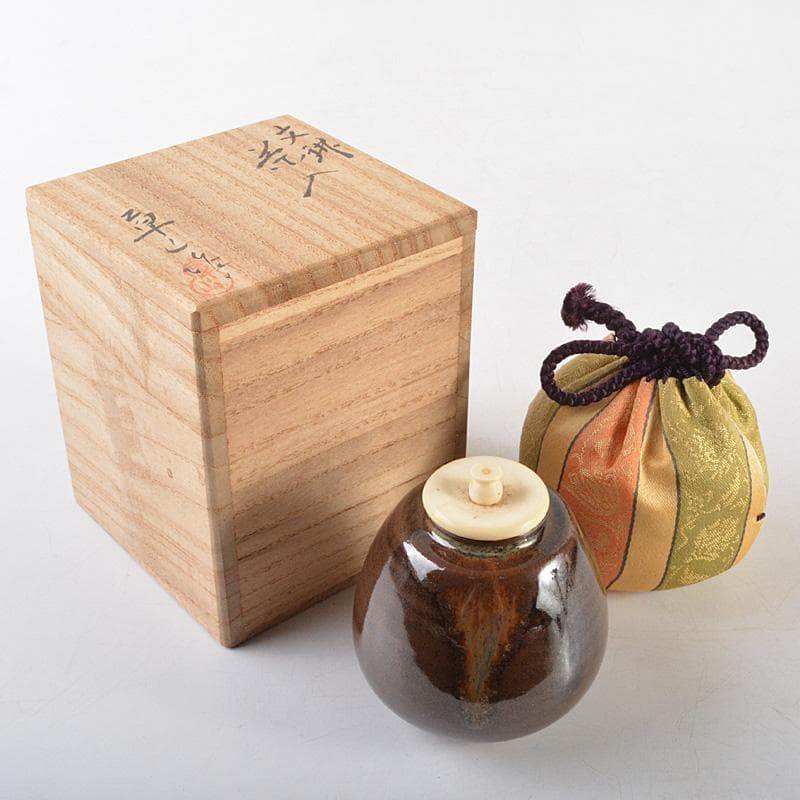 茶道具　京焼　万代草山作　文殊茶入　仕覆付　共箱　V　R6122