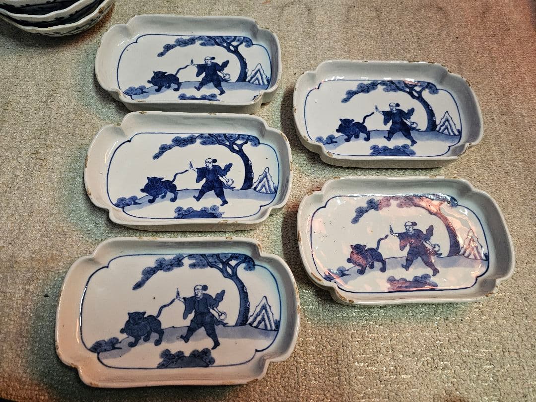 江戸後期 古伊万里 古染付け写し 懐石用 虎に人 5客セット