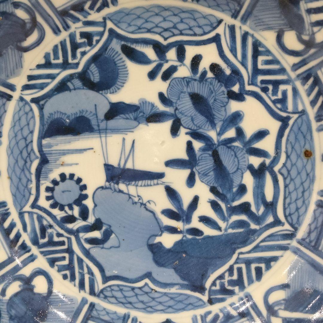 u348-5　中国 清朝期 古染付 芙蓉手 飛蝗文大皿 時代唐物　Q