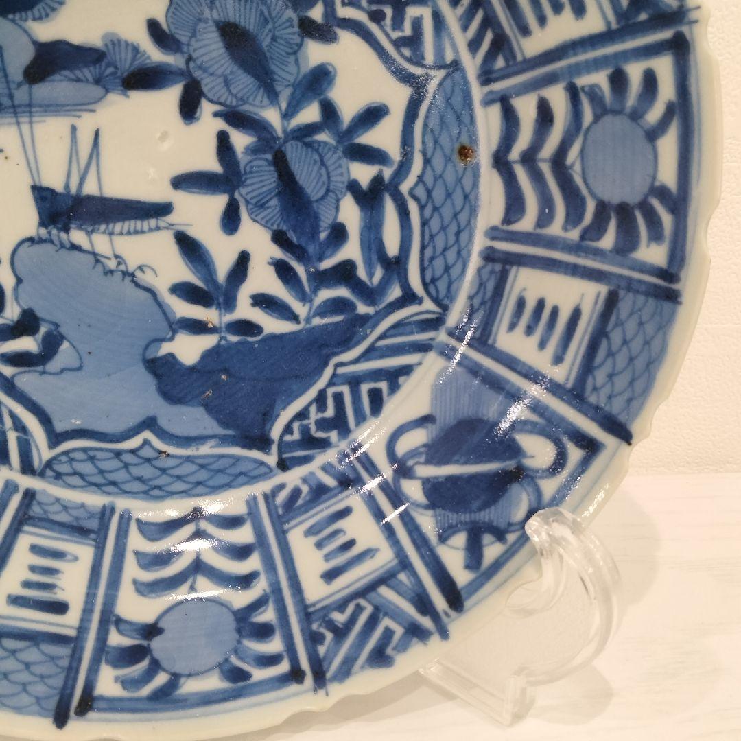 u348-5　中国 清朝期 古染付 芙蓉手 飛蝗文大皿 時代唐物　Q