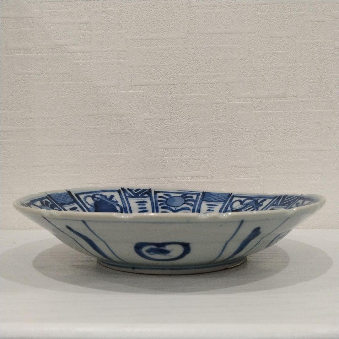 u348-5　中国 清朝期 古染付 芙蓉手 飛蝗文大皿 時代唐物　Q