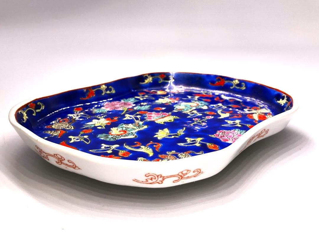 【 乾隆年款ティーポット/トレー 】　五彩獅子唐草花文　蔵出し骨董