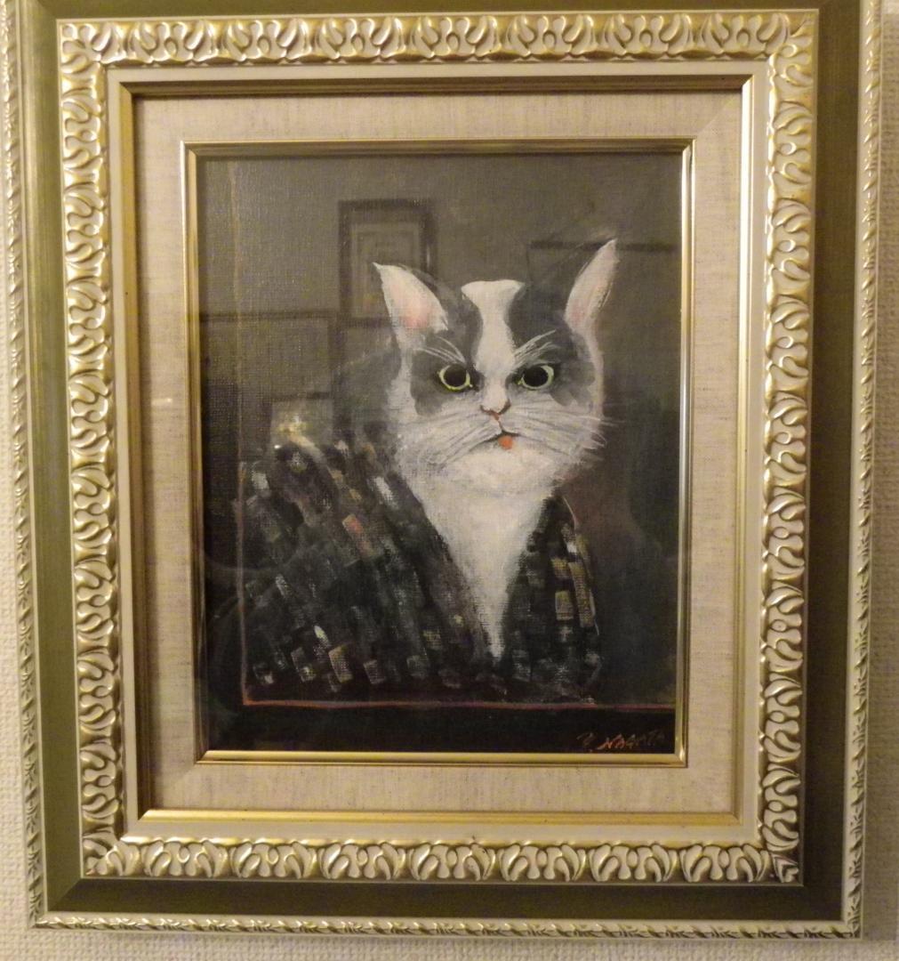 絵画　永田芳郎作　画題　どてら猫　F3号　アクリルキャンバス画