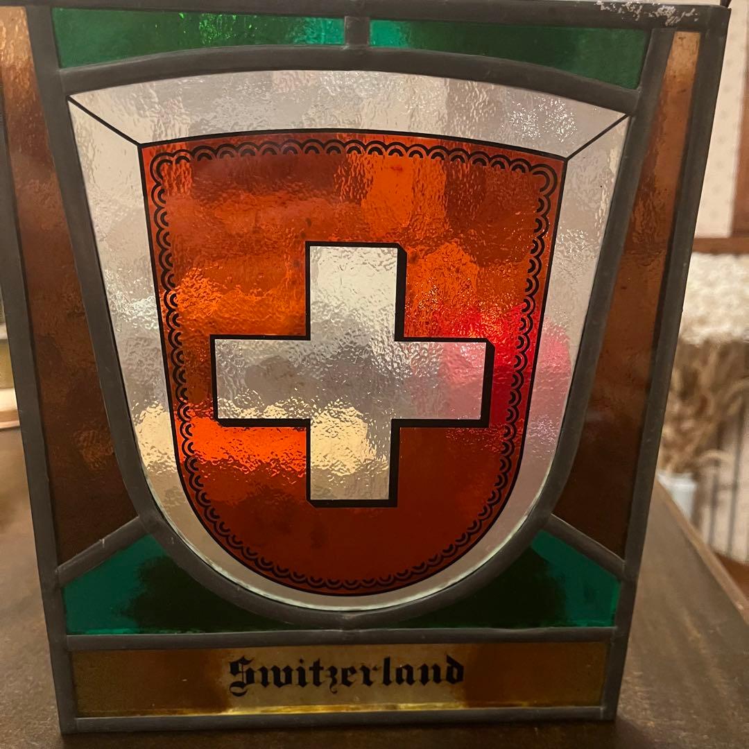 古いステンドグラス　スイス国旗　アンティーク品