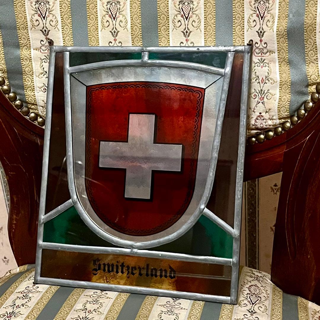 古いステンドグラス　スイス国旗　アンティーク品