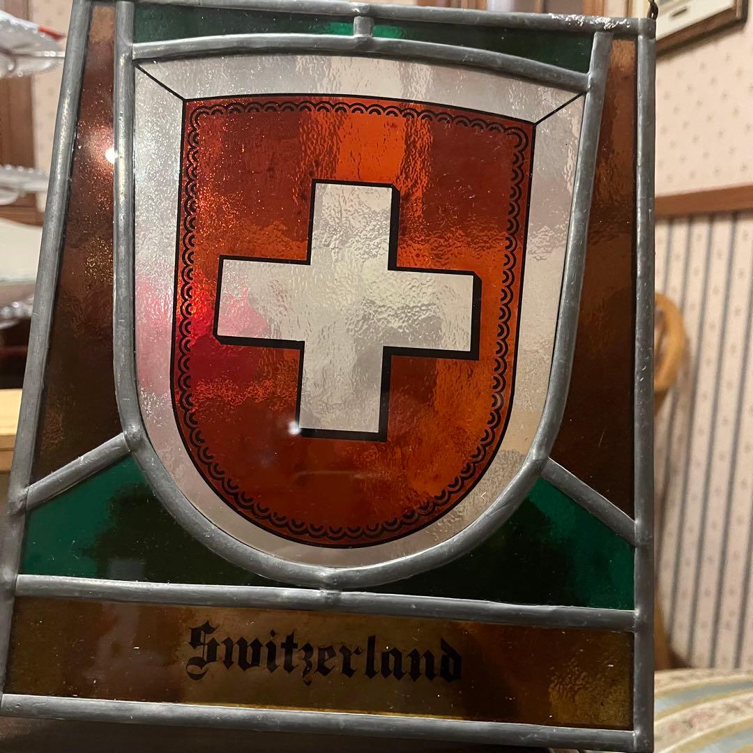 古いステンドグラス　スイス国旗　アンティーク品