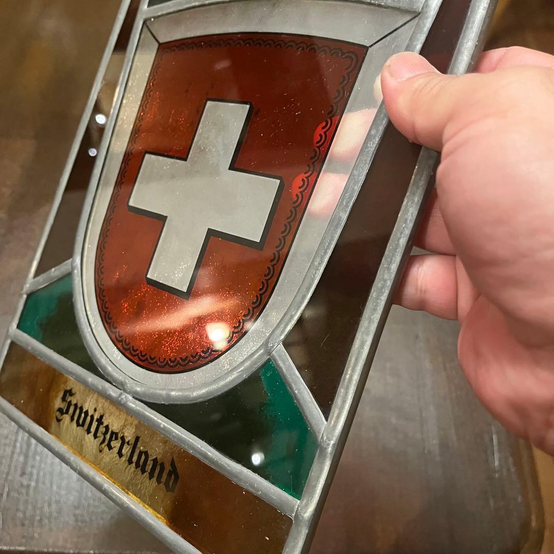 古いステンドグラス　スイス国旗　アンティーク品