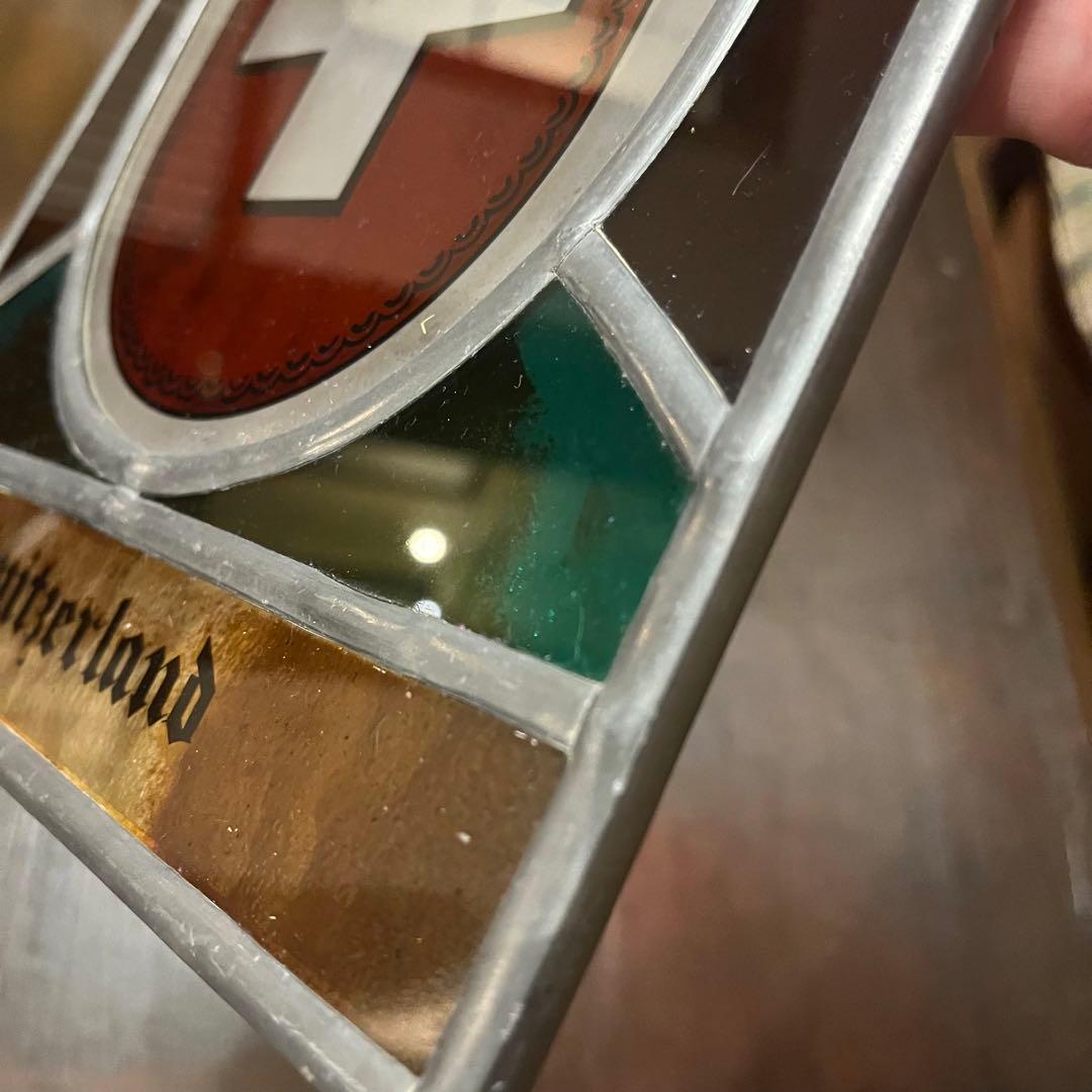 古いステンドグラス　スイス国旗　アンティーク品