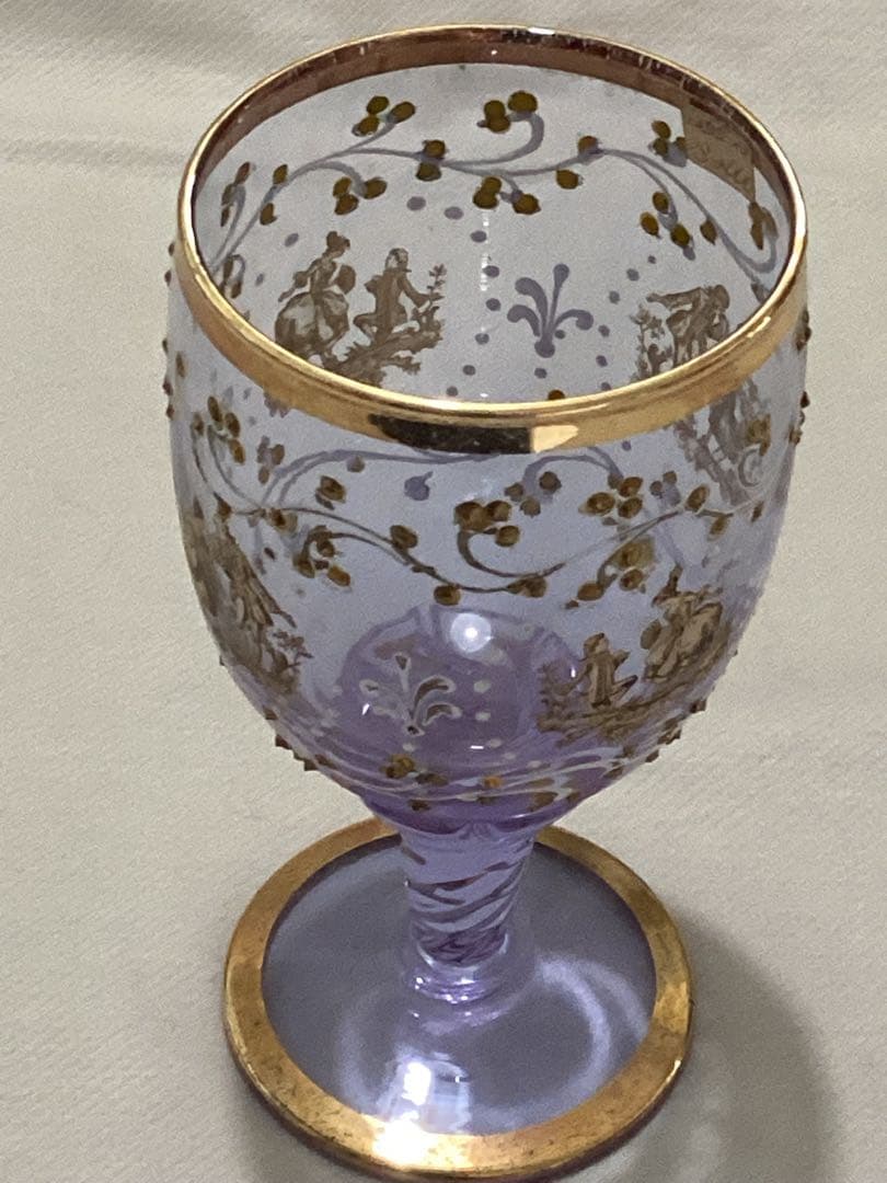 ヴィンテージ　リモージュワイングラス　金粒　紫色の高脚グラス 金色装飾　希少品