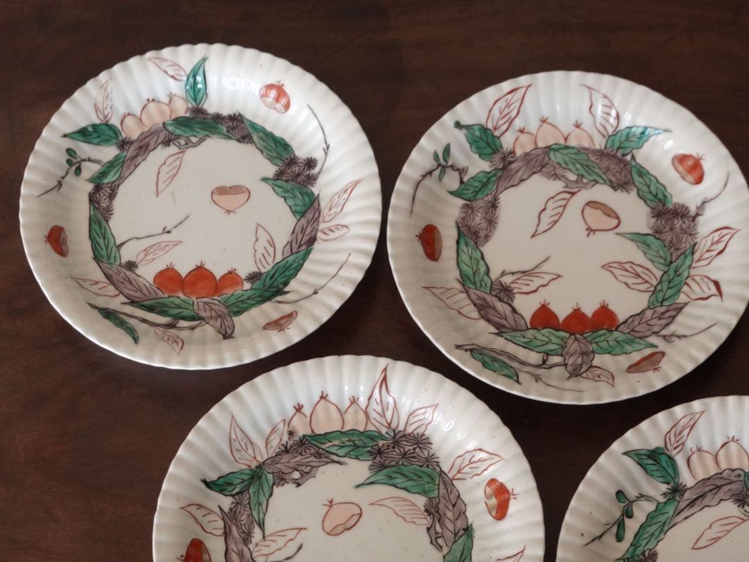 江戸中期〜後期　古伊万里　色絵　金彩　栗文　鎬　皿　5客　銘々皿　バラ売り可能