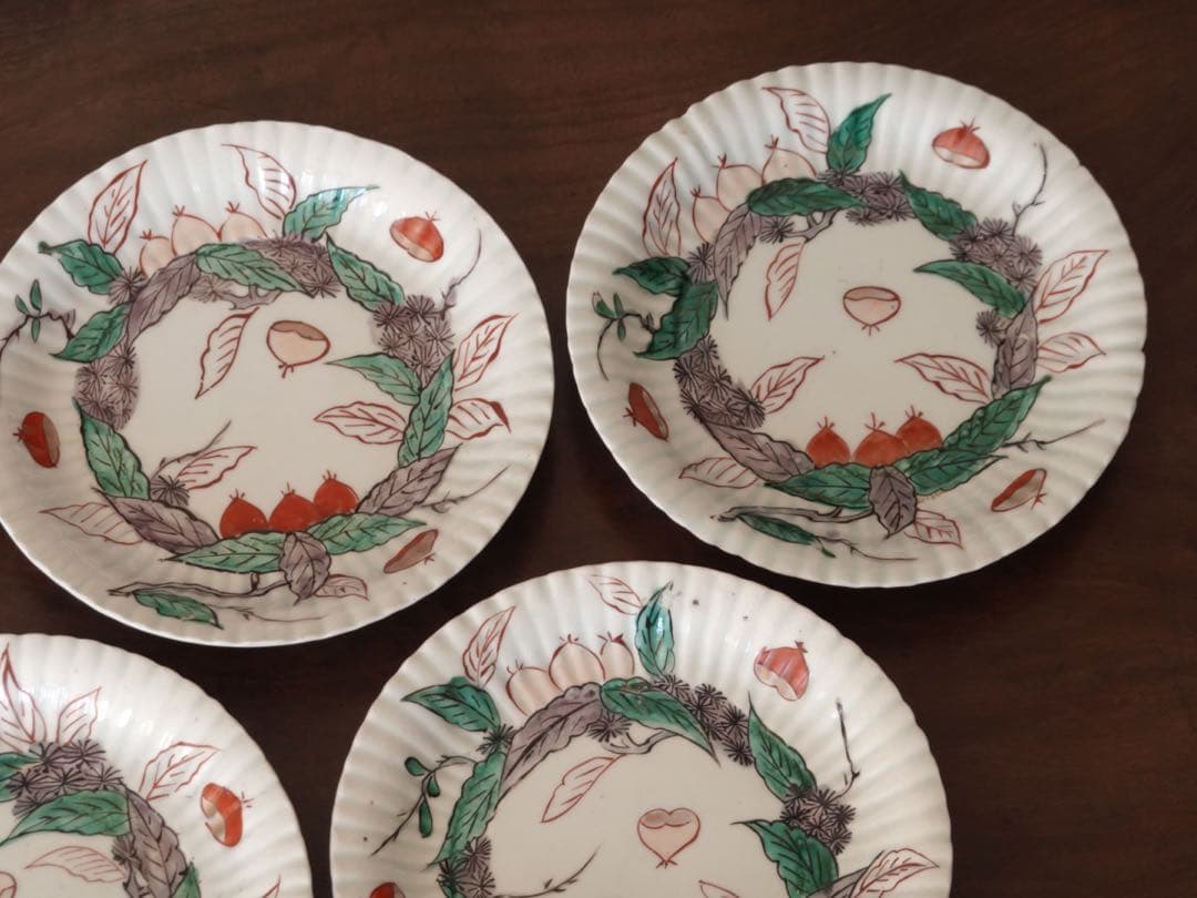 江戸中期〜後期　古伊万里　色絵　金彩　栗文　鎬　皿　5客　銘々皿　バラ売り可能