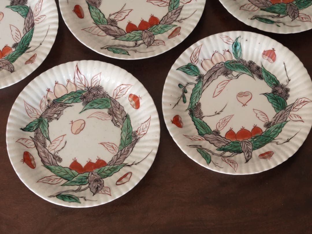 江戸中期〜後期　古伊万里　色絵　金彩　栗文　鎬　皿　5客　銘々皿　バラ売り可能