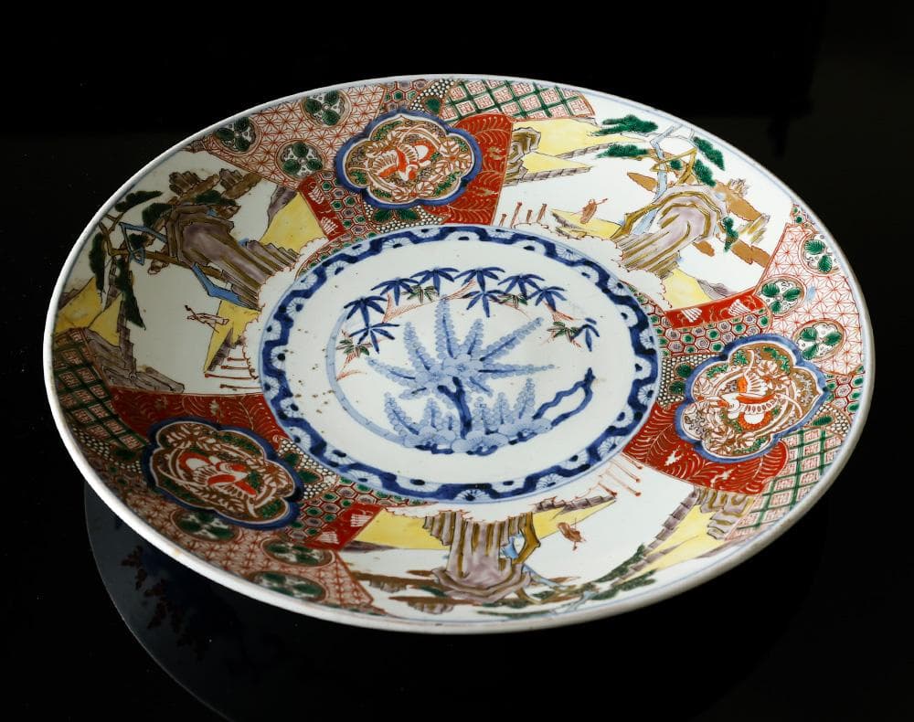 時代物 古伊万里 染錦手 見込に花 竹 松下賢人図 色絵 尺寸大皿 直径40㎝