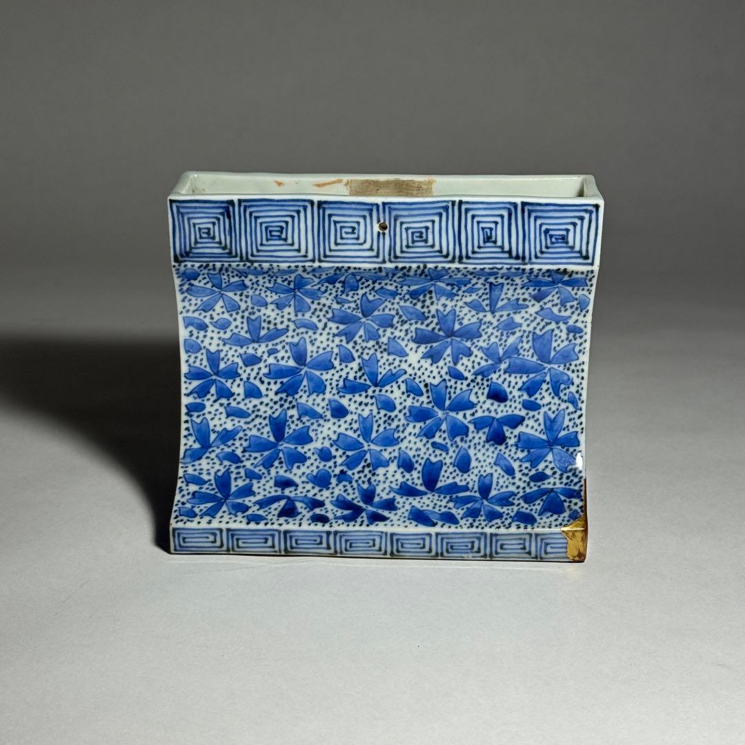 ◆希少 古伊万里染付 桜吹雪文硯屏 古い金継ぎ 書道具 文房四宝 江戸時代後期◆