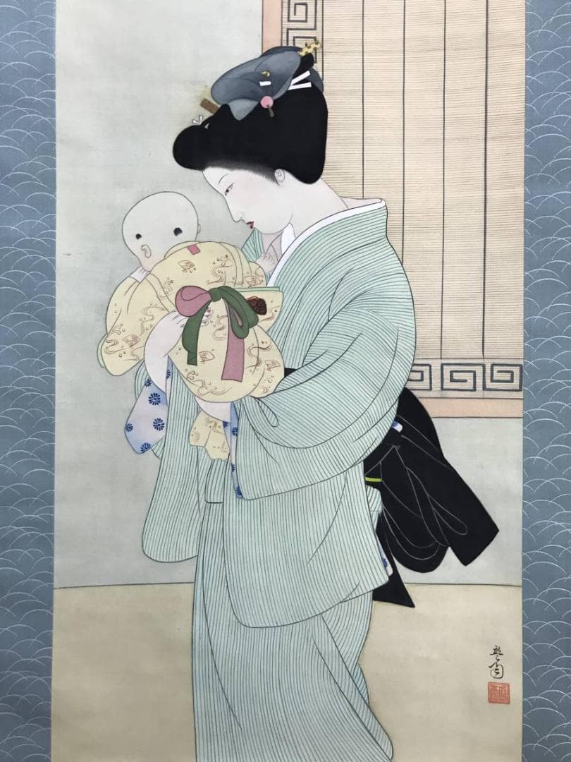 【真作】伊達盤雨/母子の図/美人画/掛軸/名家伝来/AD-136