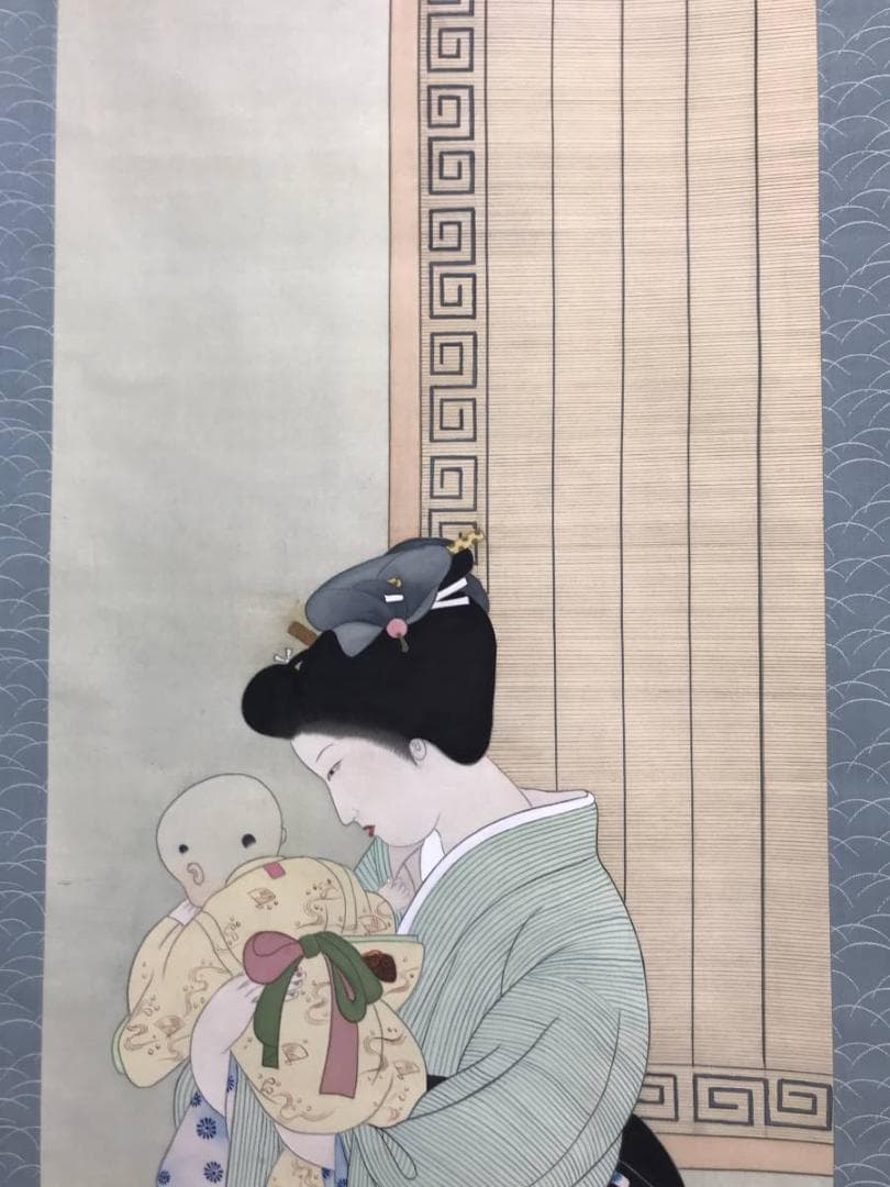 【真作】伊達盤雨/母子の図/美人画/掛軸/名家伝来/AD-136