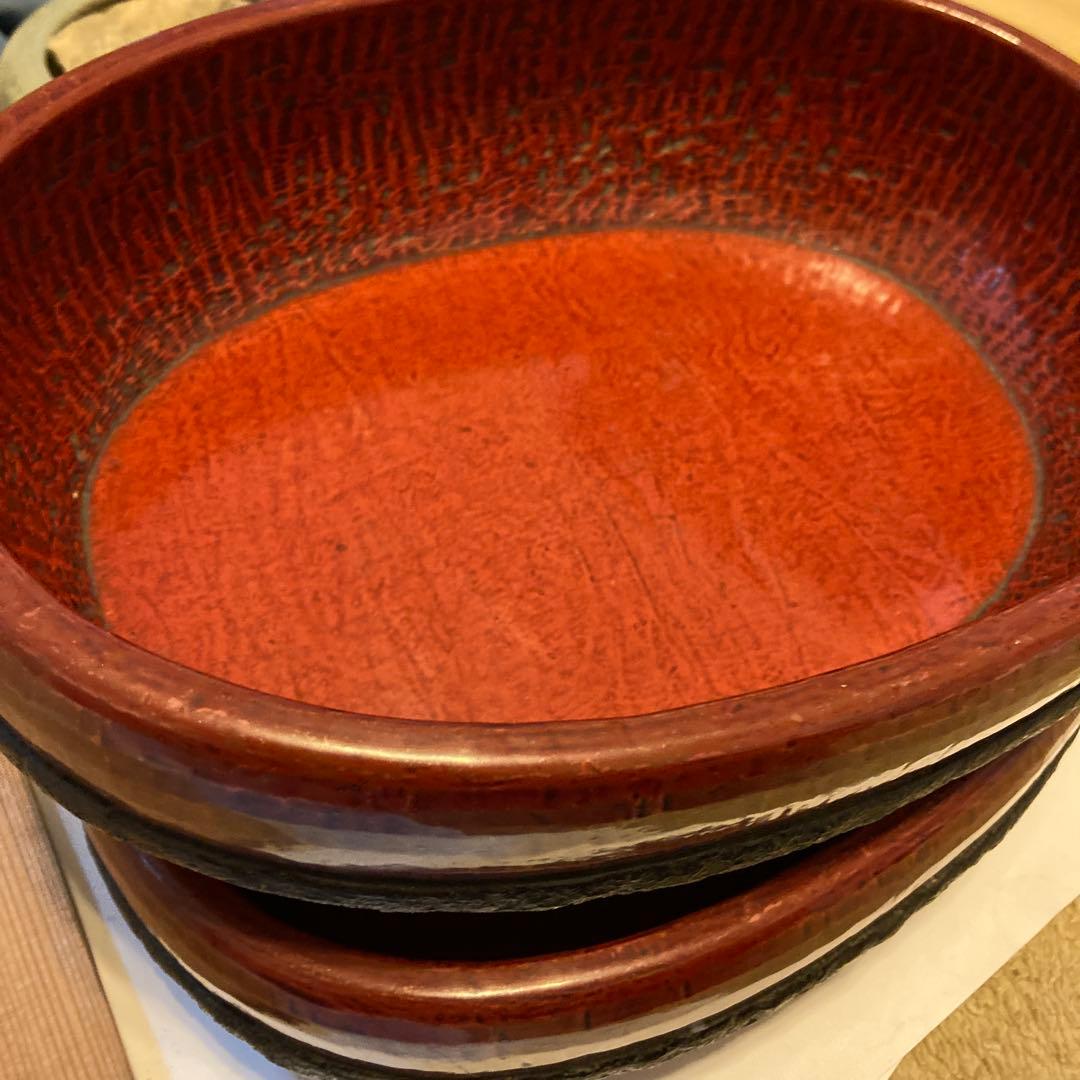 アンティーク漆器製赤色楕円鉢1個中型