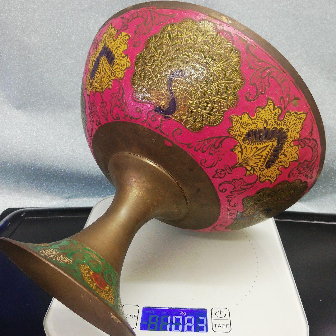 稀少アジアンアンティーク時代彩色孔雀他図柄古銅真鍮製杯台１００年以上前頃当時物