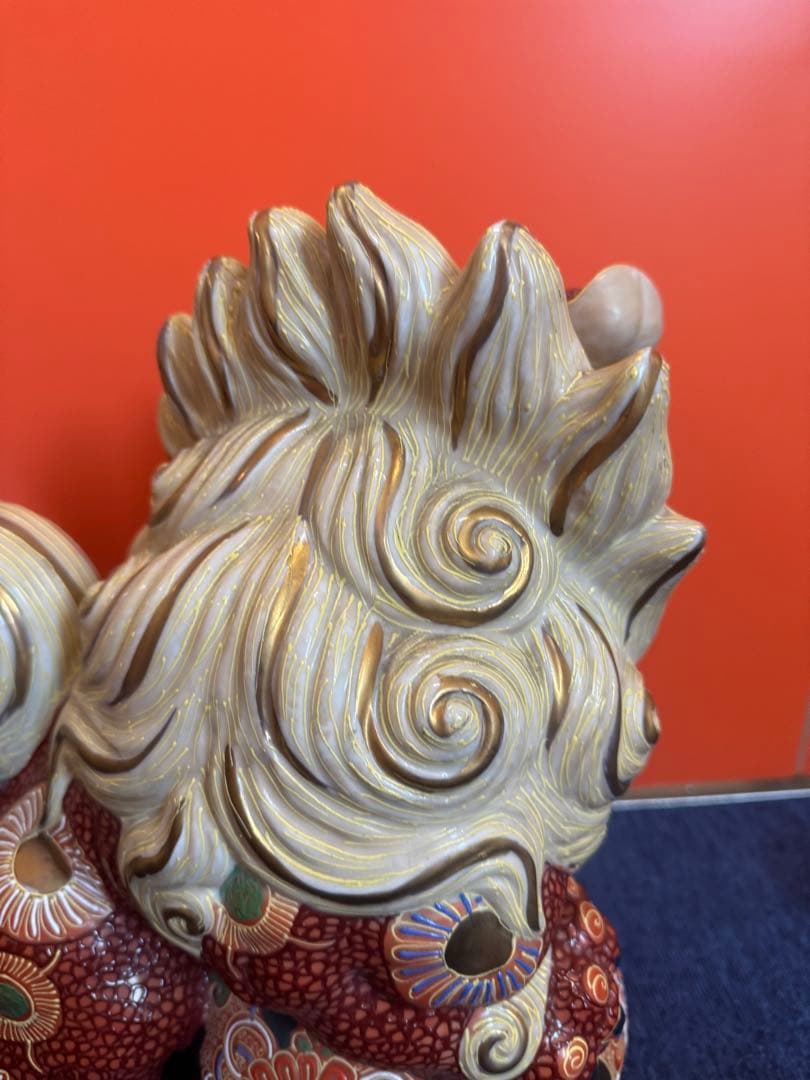 1903 九谷焼 太吉　特大　38cm  玉乗り獅子 狛犬 置物 縁起物