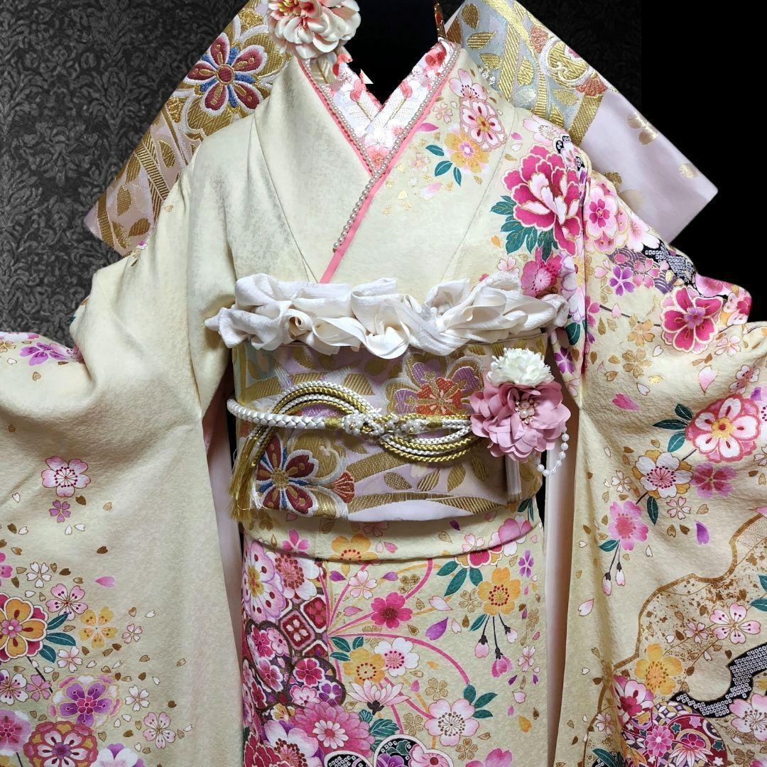 振袖フルセット(8点)・金駒刺繍・銀通し・金彩加工・鹿の子柄・正絹