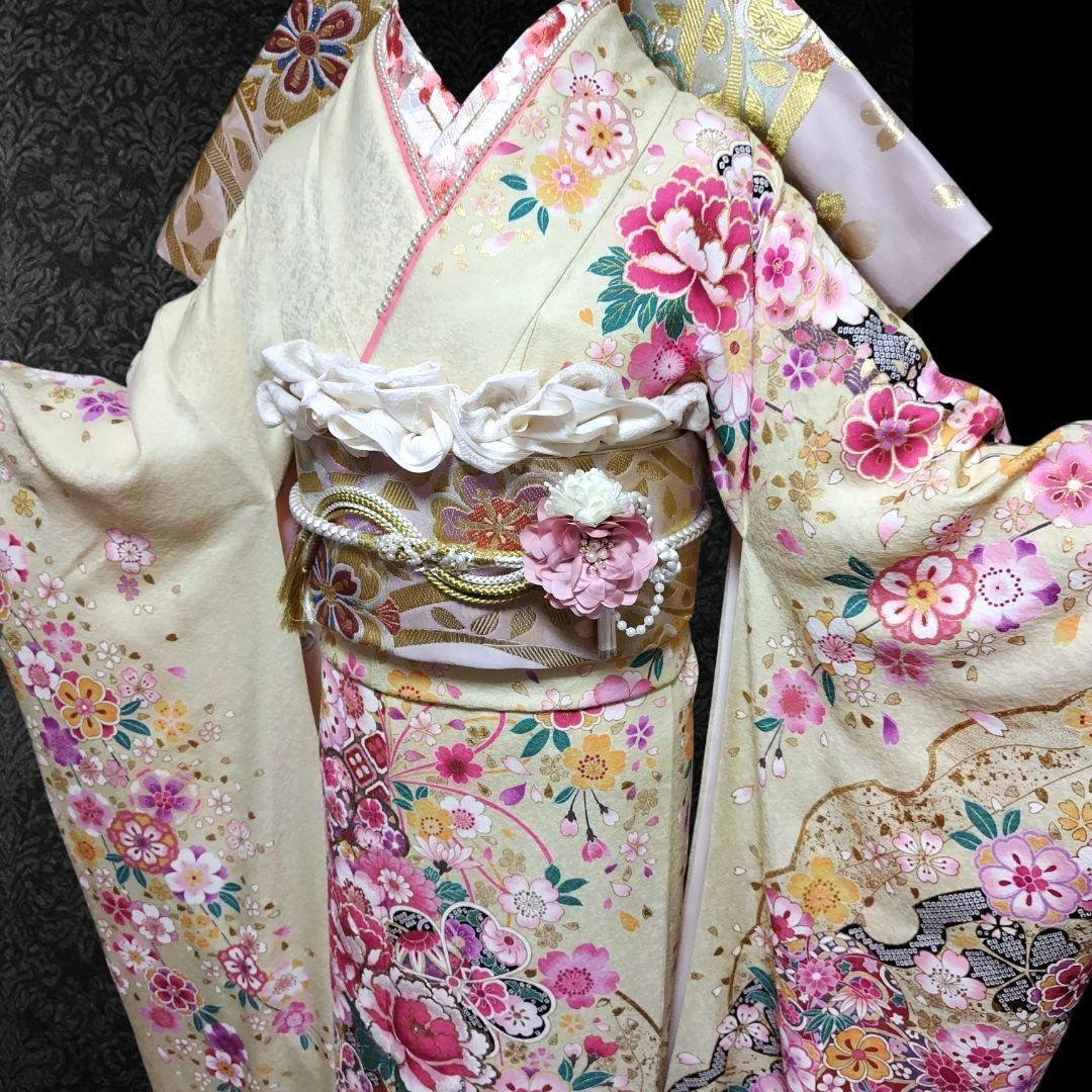 振袖フルセット(8点)・金駒刺繍・銀通し・金彩加工・鹿の子柄・正絹