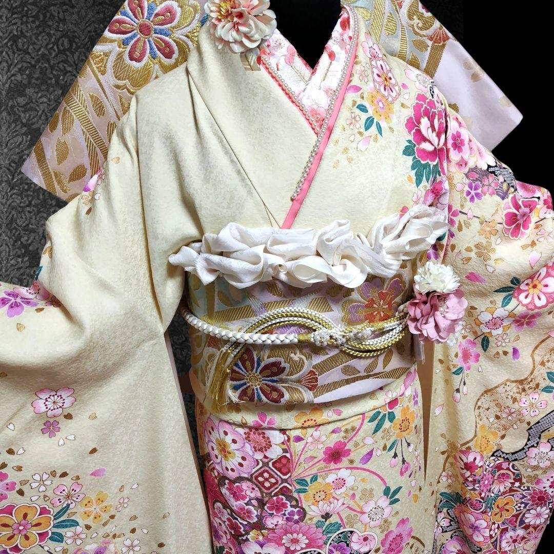 振袖フルセット(8点)・金駒刺繍・銀通し・金彩加工・鹿の子柄・正絹