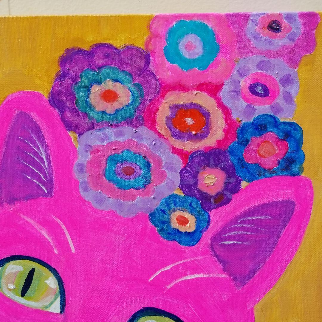 油絵　マミ　幸せを呼ぶピンク色の猫