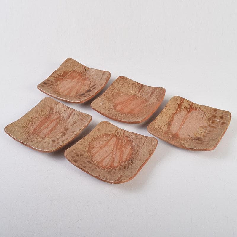 和食器　火襷　小皿　四方皿　銘々皿　五客　在銘　共箱　V　R9280