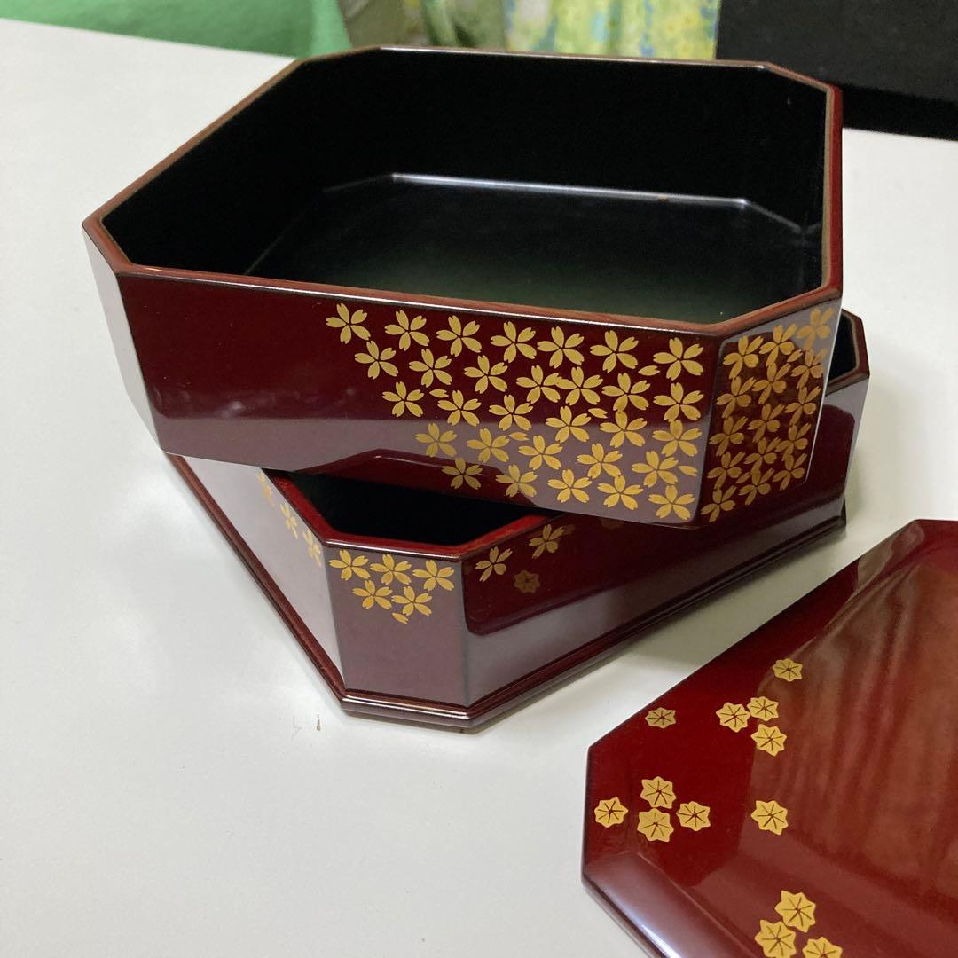 越前塗　桜　重箱　行楽弁当　朱色　二重　名品　昭和レトロ　漆器