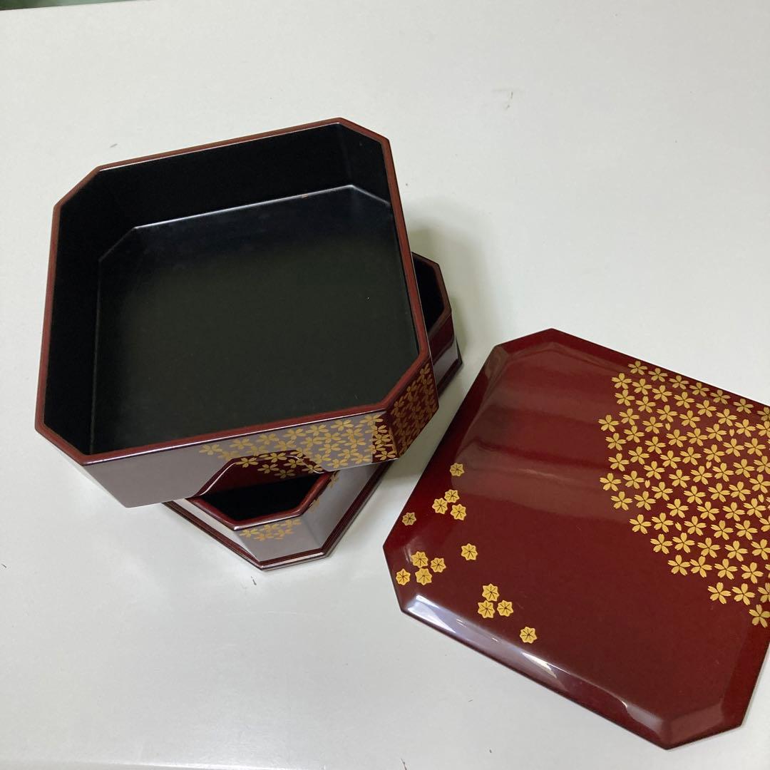 越前塗　桜　重箱　行楽弁当　朱色　二重　名品　昭和レトロ　漆器