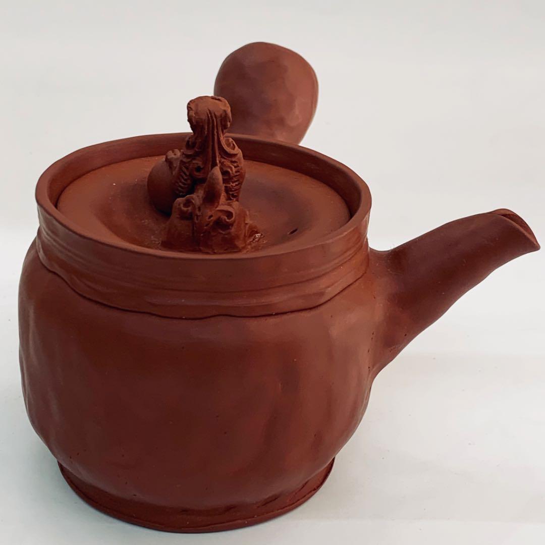 【茶注5   手捻　朱泥　玉獅子】間野弥平　共箱