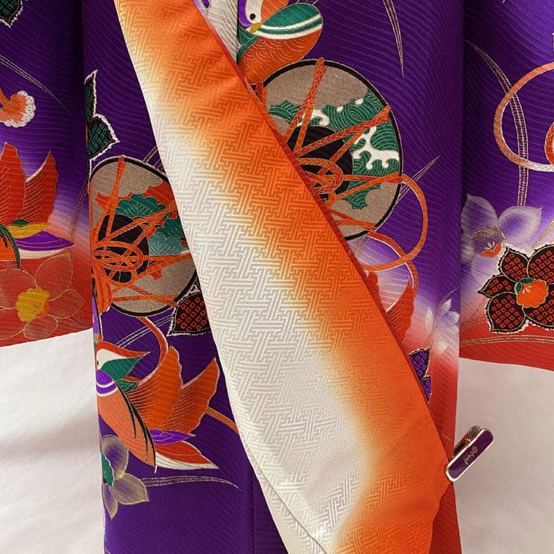 411ag80◎七五三 七歳 女児 着物&袋帯&長襦袢 古典柄 鼓鴛鴦花 紫◎