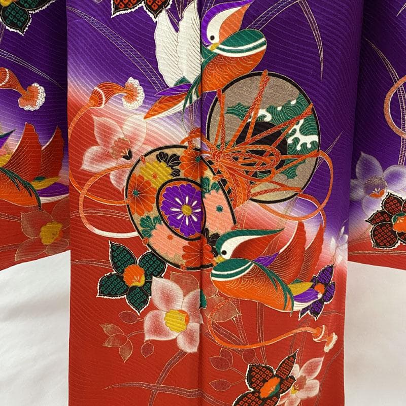 411ag80◎七五三 七歳 女児 着物&袋帯&長襦袢 古典柄 鼓鴛鴦花 紫◎
