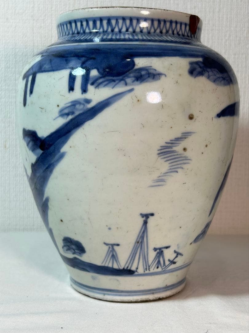 古伊万里　藍九谷染付沈香壷 江戸時代中期〜後期 口縁部朱漆修復