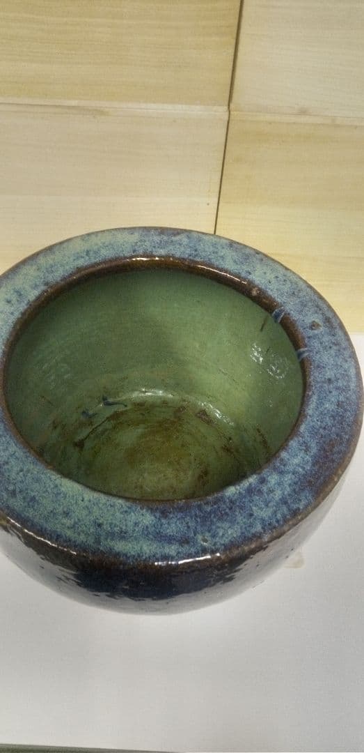 びばち　昭和レトロ　青緑陶器火鉢　夫婦火箸　五徳付き　葛明祥製　鼎泰昌