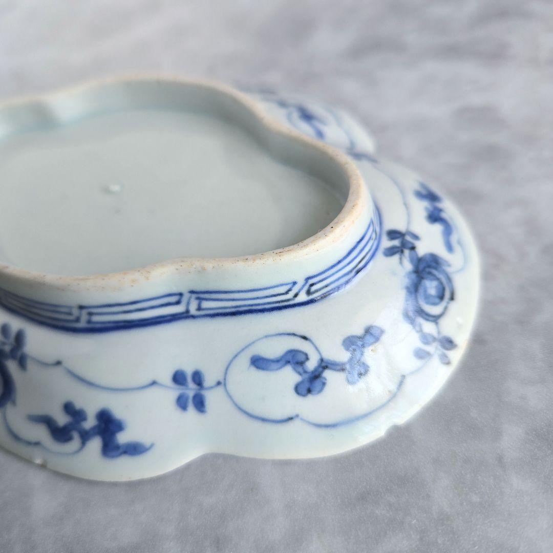 古伊万里　染付　花唐草　変形　小皿　江戸時代　金直し　金継ぎ　骨董　アンティーク