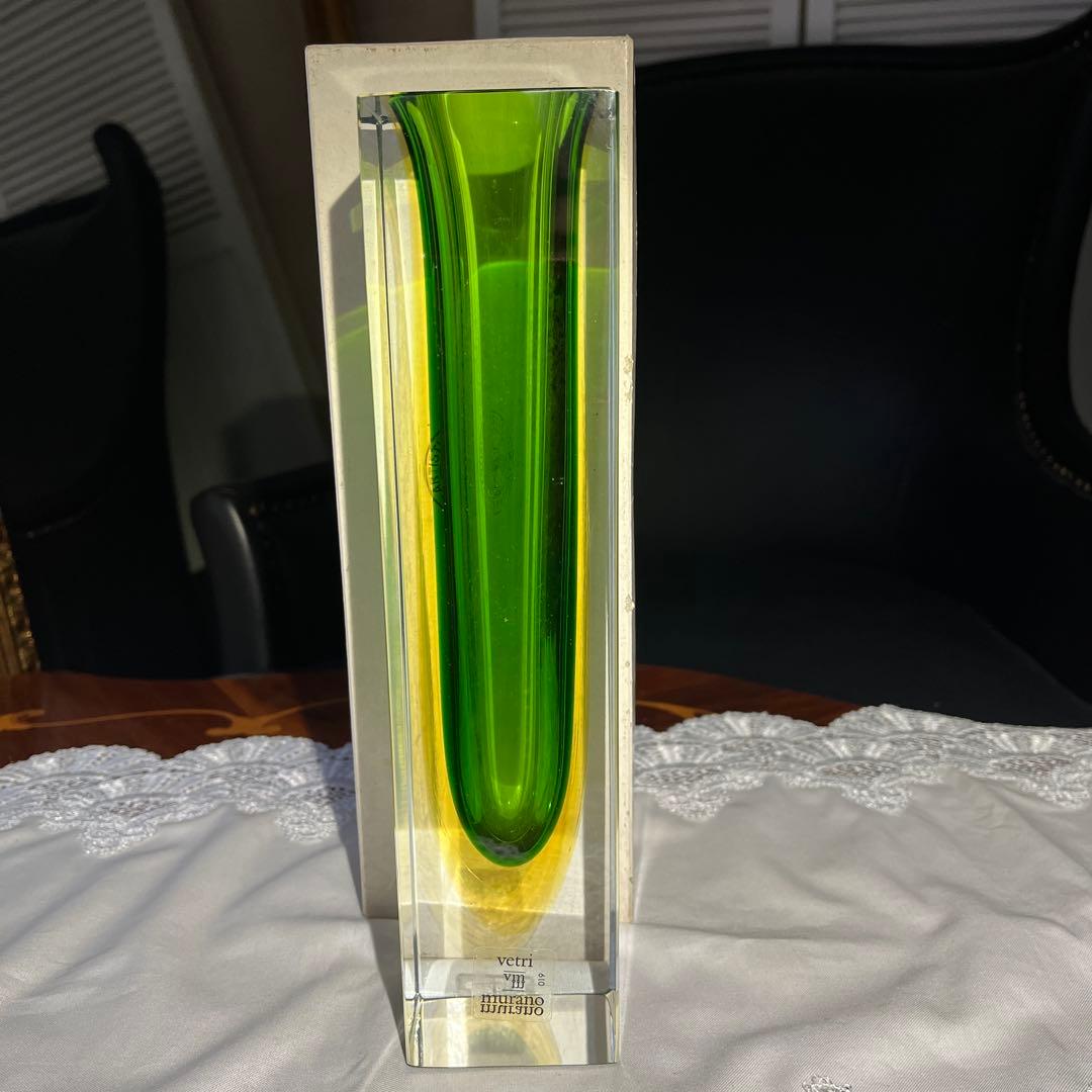 Murano Vetri グリーン ムラノ クリスタル 花器 【新品箱入】