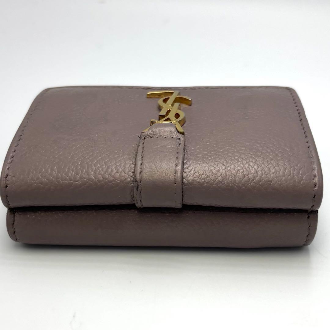サンローラン 三つ折り財布 グレージュ レザー ゴールドロゴ コンパクトリペア品