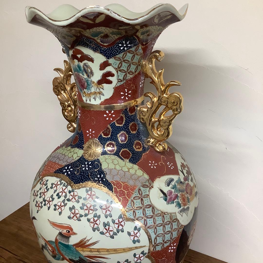 薩摩焼？　双耳壺　キジ　雉　花鳥図　瓶　壺