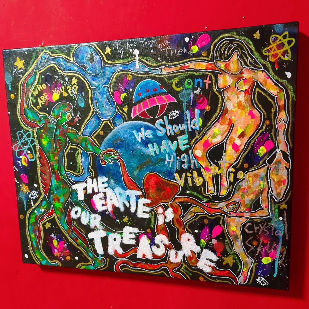 【一点物現代アート】宇宙人たちの絵【F8号】