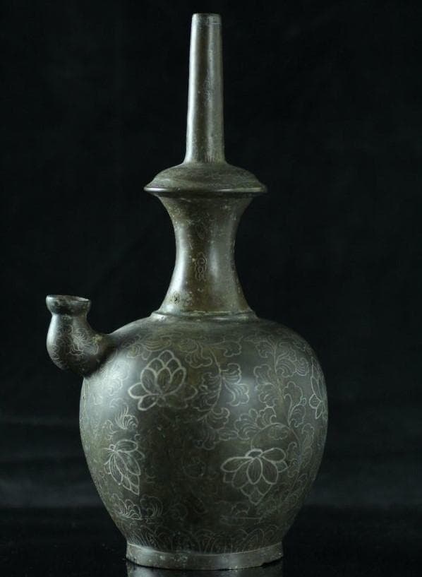 【国宝級】高麗李朝 青銅製銀象嵌 蓮華唐草紋浄瓶 検）新羅仏 仏像 統一新羅